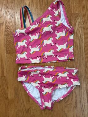 Hanna Andersson Pink Unicorn Two-Piece Swim Set with Rainbow Straps